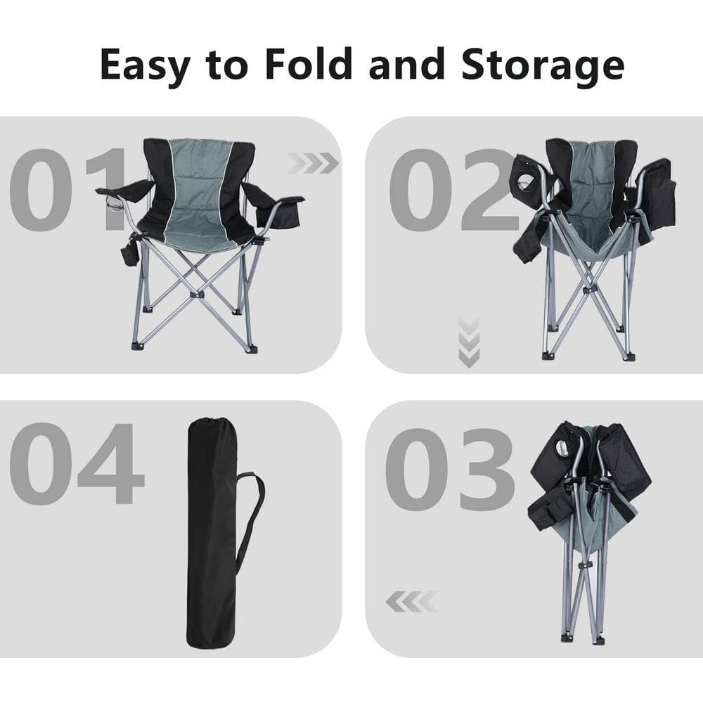 Oversized Gray Steel Frame Camping Chair with Cooler Bag