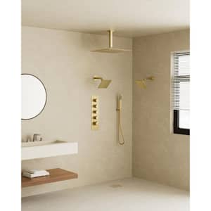 Thermostatic Valve 15-Spray 16 x 6 x 6 in. Ceiling Mount Dual Shower Head and Handheld Shower in Brushed Gold