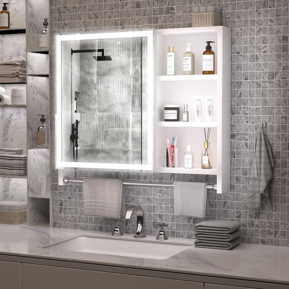 32 in.W x 28 in.H 1-Door Rectangular Aluminum LED Medicine Cabinet w/ Mirro