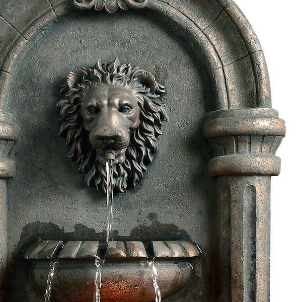 32 in. Tall Outdoor Tiered Lion Head Wall Fountain with LED Lights