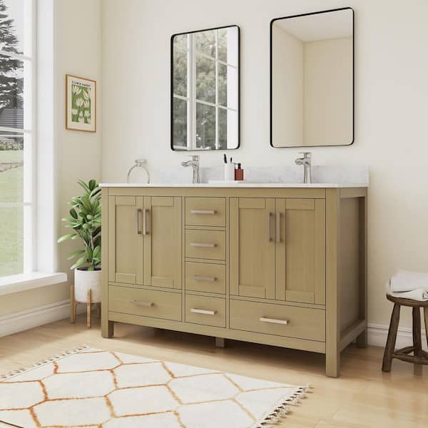 Thera 55 in. W x 22 in. D x 34 in. H Double Sink Freestanding Bath Vanity in Oak w/ Large Vein White Cultured Marble Top