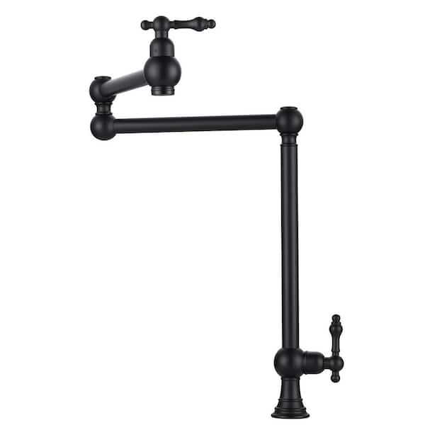 Antique Matte Black Deck Mount Pot Filler Faucet, Solid Brass Pot Filler with Double Stretchable Joint Swing Arm