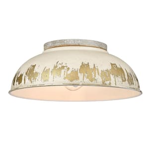 Kinsley 14 in. 2-Light Aged Galvanized Steel Flush Mount with Antique Ivory Shade