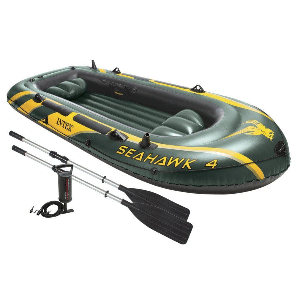 Intex Seahawk 4 Inflatable 4 Person Floating Boat Raft Set with Oars and Air Pump, Green / Yellow -  68351EP