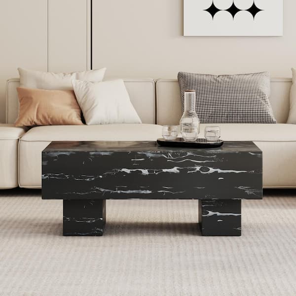 43.3 in. Modern Faux Marble Black Rectangular Coffee Table with White Texture for living rooms