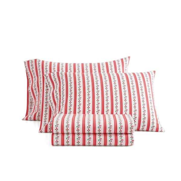 Rose Ribbon 4-Piece White/Red Percale Cotton King Sheet Set