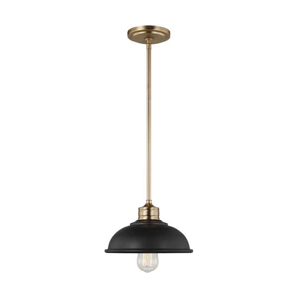Generation Lighting Dustin 1-Light Matte Black Pendant with Metal Shade and Satin Brass Accents