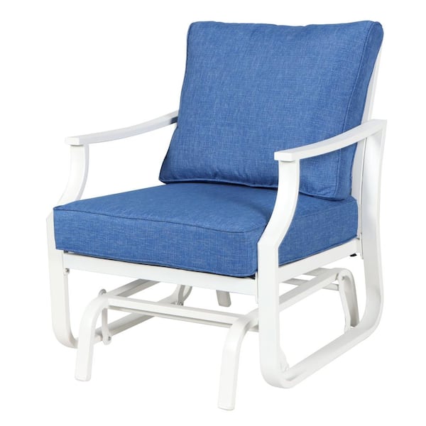 Hampton Bay Harbor Point White 2-Piece Metal Patio Conversation Set with CushionGuard Mariner Blue Cushions