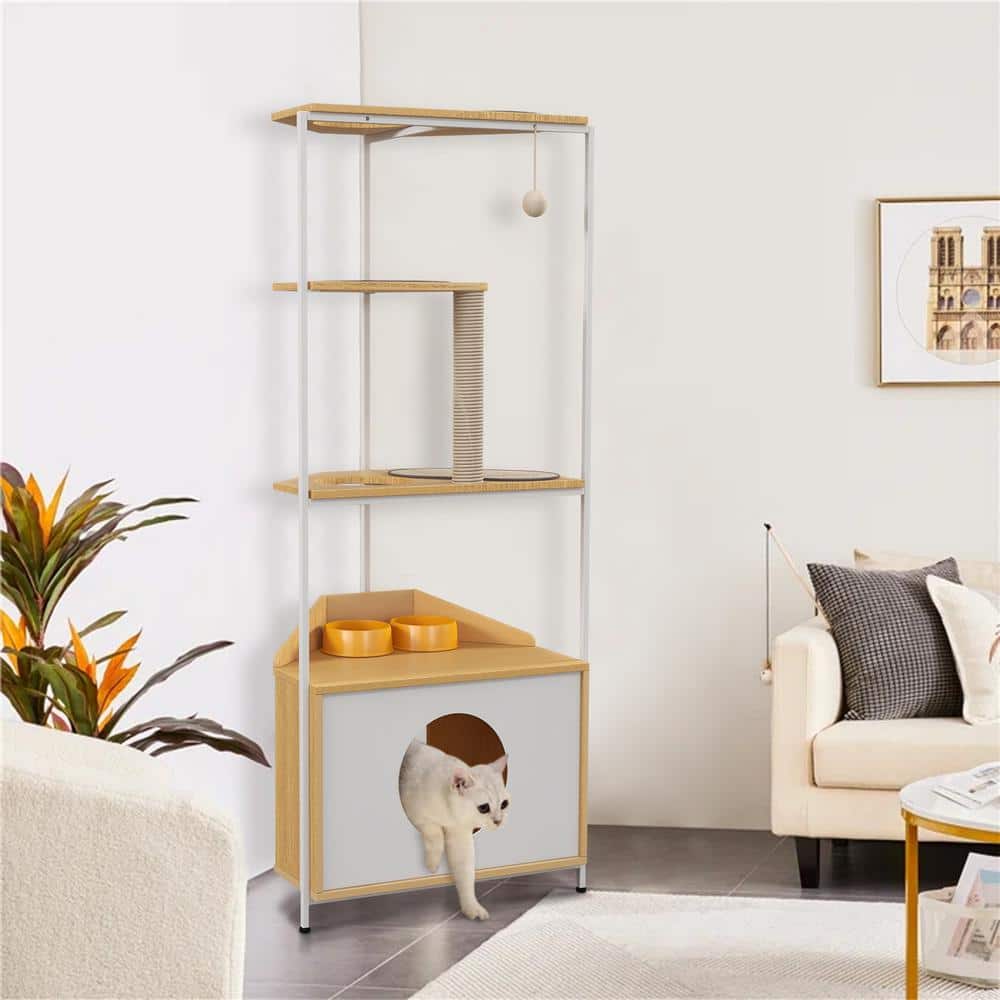 Corner Cat Tower with Scratching Post and Feeding Station