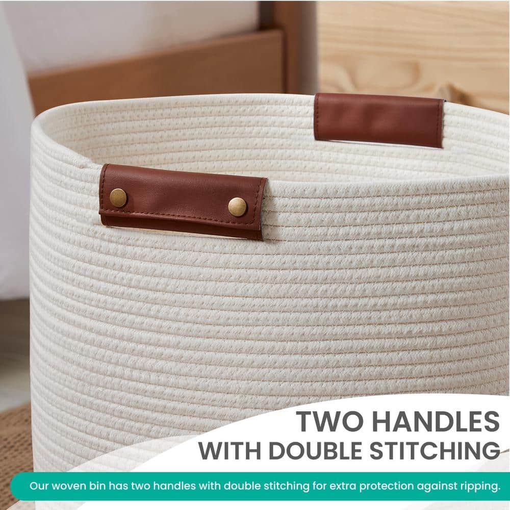 Cream Cotton Rope Laundry Hamper with Leather Handles