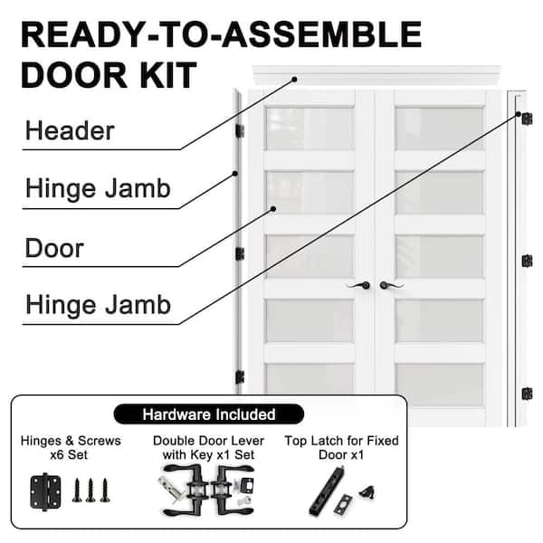 72 in. x 96 in. 5-Lite Frosted Glass Universal White Solid Core Wood Double Prehung French Door+ Quick Assemble Jamb