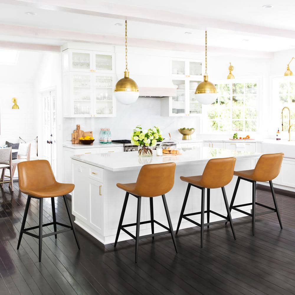Whiskey Brown Faux Leather Counter Stools with Metal Legs, Set of 4