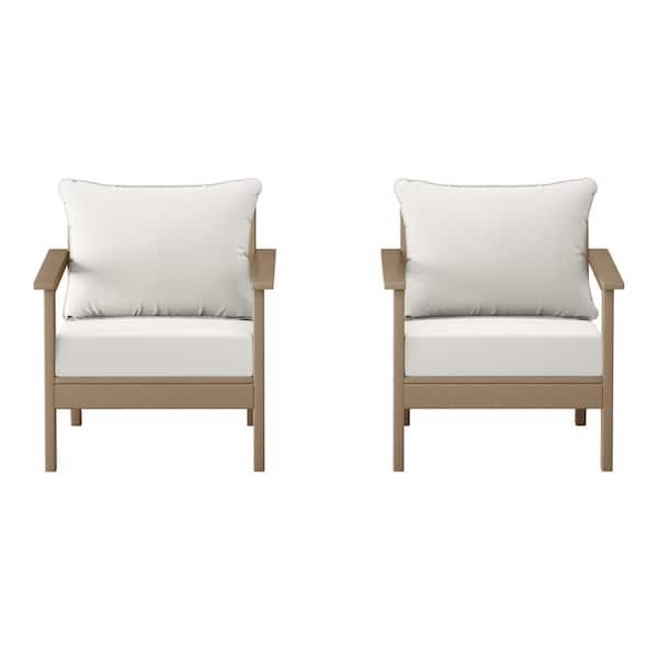 Birchwood Weathered Wood Outdoor Patio (Set of 2) Deep Seating HDPE Lounge Chairs w/ White Cushions