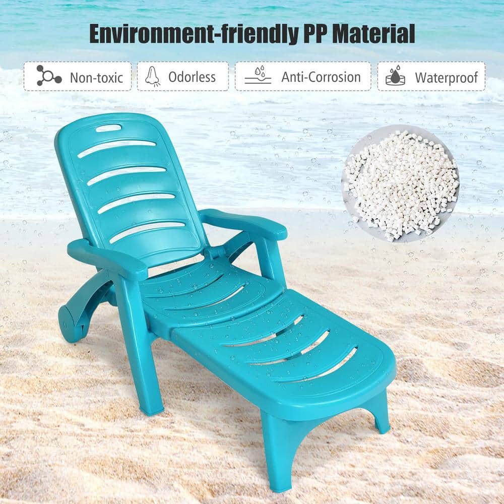 Turquoise Folding Plastic Chaise Lounge Chair with Adjustable Recliner