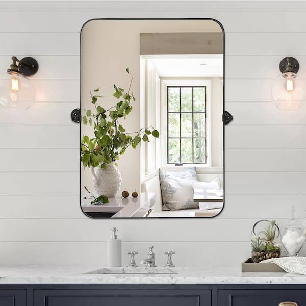 Black Bathroom Mirrors-24 in. W x 32 in. H Round Corner Rectangle Iron Framed