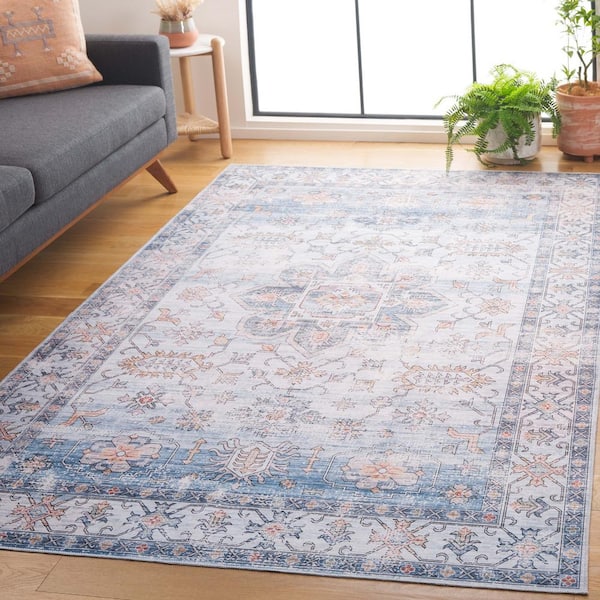 Arizona Ivory/Light Blue 9 ft. x 12 ft. Distressed Border Ornate Machine Washable Area Rug