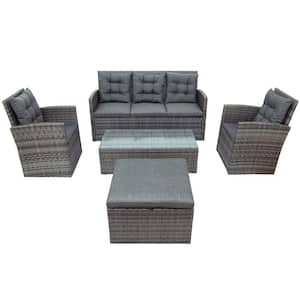 5-Piece Gray Wicker Patio Conversation Set with Glass Table, Storage Bench and Gray Cushions