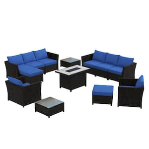 Rimaru 12-Piece Wicker Outdoor Patio Fire Pit Conversation Seating Set with Navy Blue Cushions