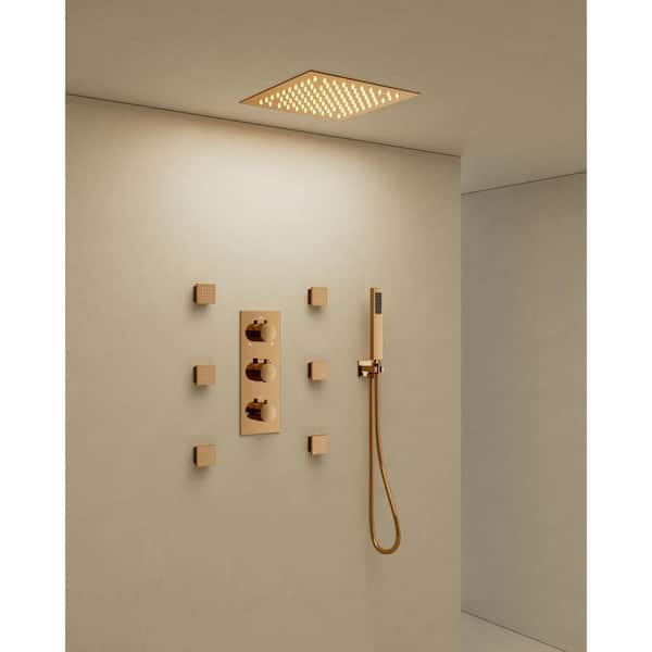 YAWWALK Thermostatic 5-Spray 12 in. Square LED Mood Lighting Shower System with 6-Jets in in Rose Gold (Valve Included)