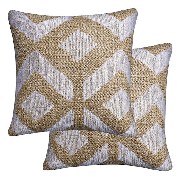 Honeycomb Raffia Geo Tan Outdoor Square Toss Throw Pillow (2-Pack)