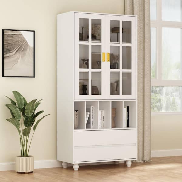 49.49 in. White 3-Shelves Glass Display Storage Cabinet with 2-Doors, Floor  Standing Clear Glass Curio Bookshelf ZT-W66253300 - The Home Depot
