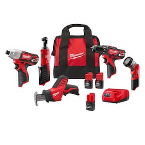 M12 12V Li-Ion Cordless Combo Kit (5-Tool) with (2) 1.5Ah Batteries, (1) High Output 2.5 Ah Battery Pack, Charger & Bag