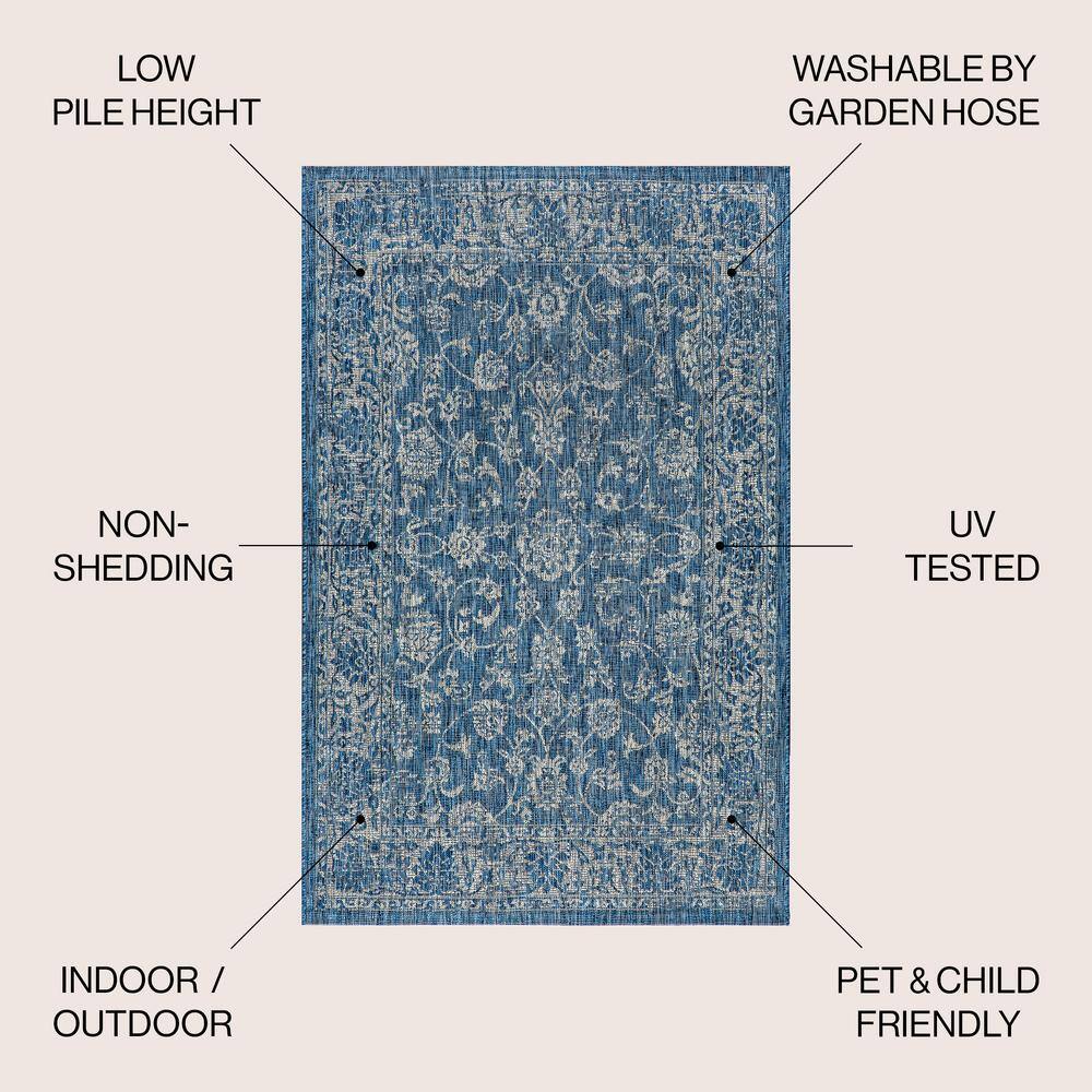 Navy and Gray Floral Synthetic 4' x 6' Reversible Area Rug