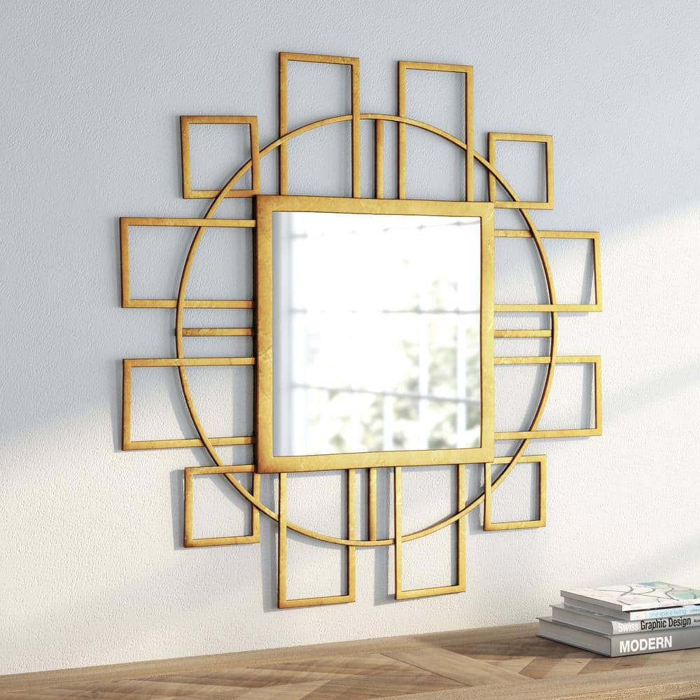 35" Gold Rectangular Wood Contemporary Wall Mirror