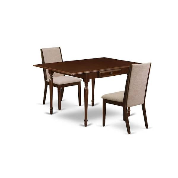 East West Furniture 3-Piece Mahogany Finish Rectangular Solid Wood Top with Dropleaf Dining Table Set