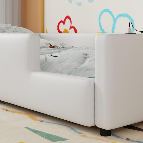 White Wood Frame Twin Size Platform Bed with Guardrail and Charging Station