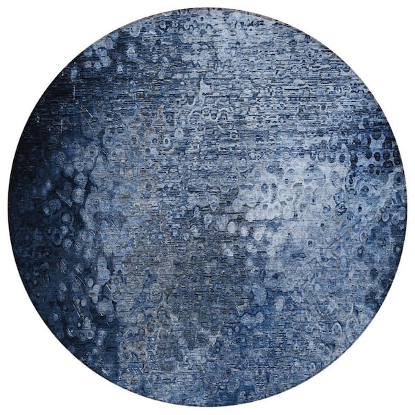 Blue 8 ft. Round Woven Border Round Indoor/Outdoor Area Rug