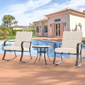 3-Piece Patio Bistro Set Steel Frame Rocking Chair With Sponge White Cushions and Tempered glass table