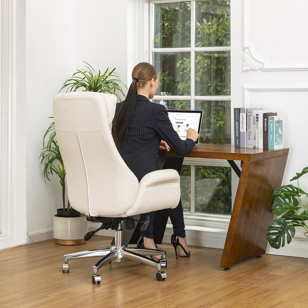 27.4 in. Width Big and Tall Cream Leather Executive Chair with Adjustable Height - Thumbnail 3