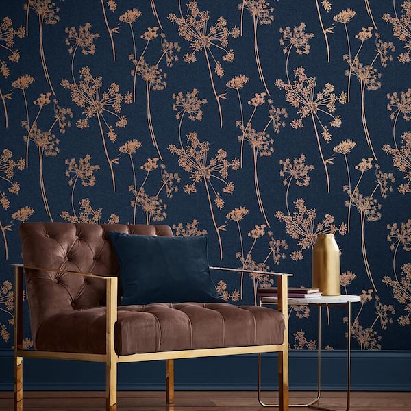 Anthriscus Dusk Navy Blue and Copper Floral Paste the Wall Wallpaper