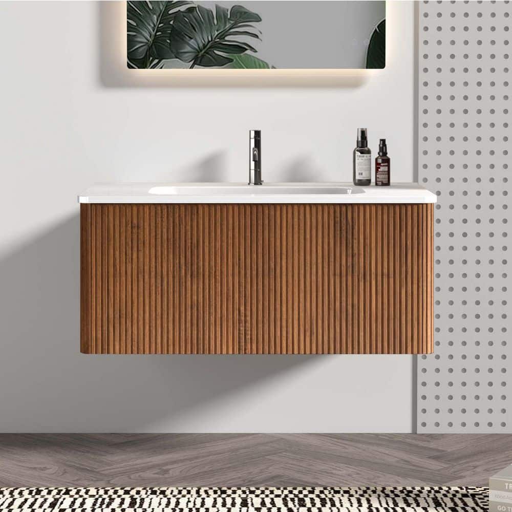 36 in. W x 18 in. D x 15.6 in. H Single Sink Floating Bath Vanity in Walnut with White Ceramic Top, U-Shape Wall Fitting price history on PriceWatchPro