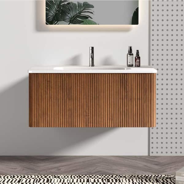 36 in. W x 18 in. D x 15.6 in. H Single Sink Floating Bath Vanity in Walnut with White Ceramic Top, U-Shape Wall Fitting