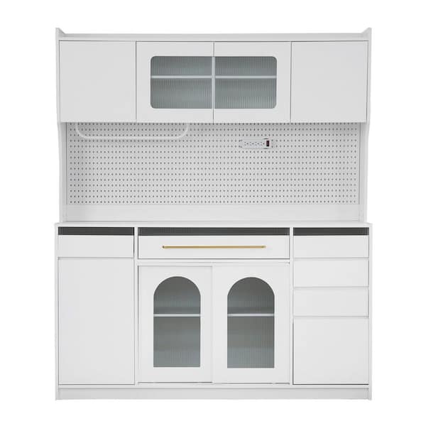 Boosicavelly White MDF 63.in. W Freestanding Buffet with Adjustable Shelves, Drawers, Cabinets