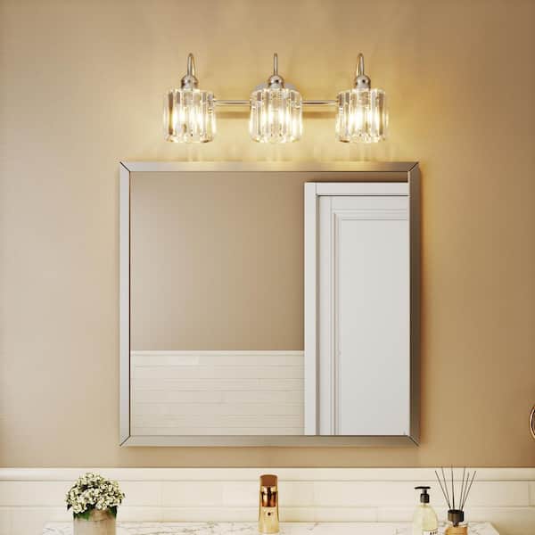 Merrin 23.1 in. 3-Light Brushed Nickel Bathroom Vanity Light with Crystal Shades