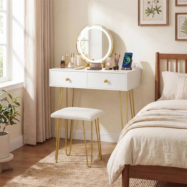 white and brown dressing table Modern White Floating Makeup Vanity Set with Drawers Dressing Table with Stool & MirrorHomary