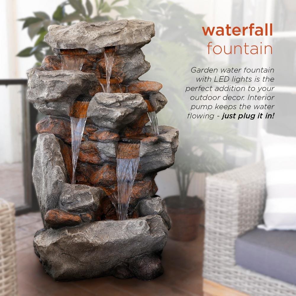 52" Brown Tiered Rock Waterfall Fountain with LED Lights