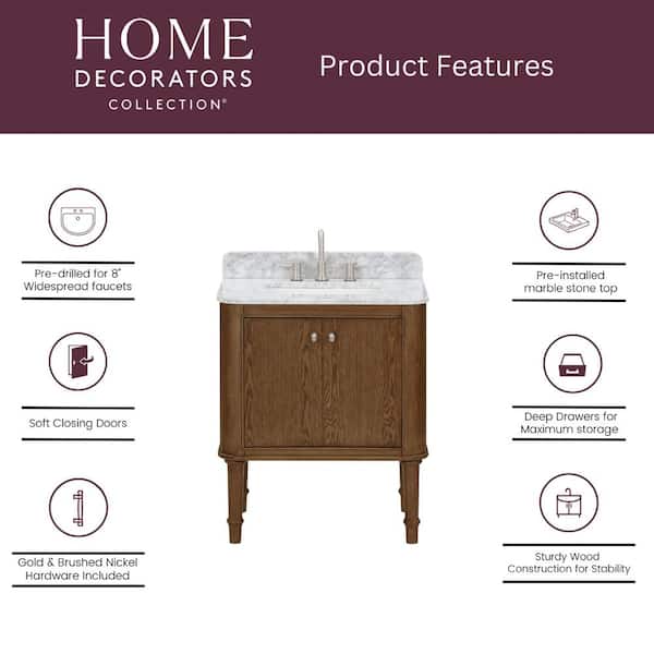Collette 30 in W x 22 in D x 35 in H Single Sink Bath Vanity in Cinnamon Oak With White Carrara Marble Top