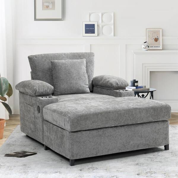 Oversized Gray Chenille Chaise Lounger with Ottoman, Pillow, Charge Station, 2-Cup Holders, Storage Armrest