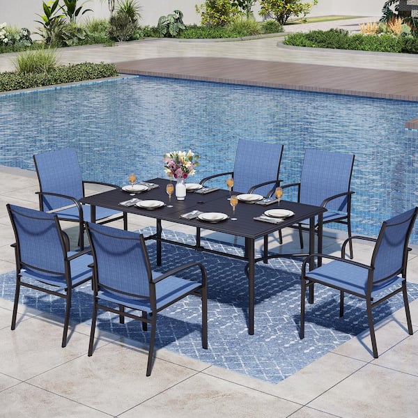PHI VILLA Black 7-Piece Metal Rectangle Table Outdoor Patio Dining Set with Blue Textilene Chairs