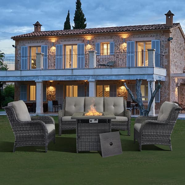 4-Piece Fire Pit Table Patio Sets Wicker Patio Conversation Set with Lounge Chair Gray Cushions