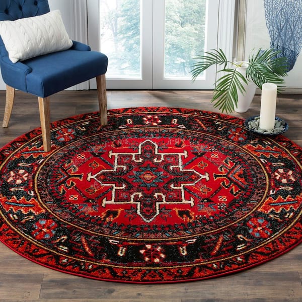 Vintage Hamadan Red/Multi 9 ft. x 9 ft. Floral Border Round Area Rug