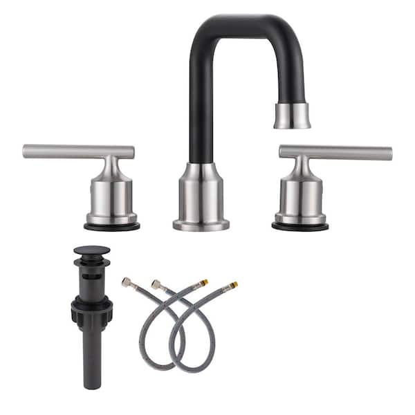 AVITAS 8 in. Widespread 3 Hole Lead-Free Double Handle Bathroom Faucet with Pop-up Drain and Supply Lines in Nickel and Black