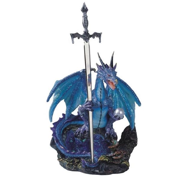 13 Inch Blue Dragon Standing w/ Sword on Rock Figurine Figure Statue Fantasy 