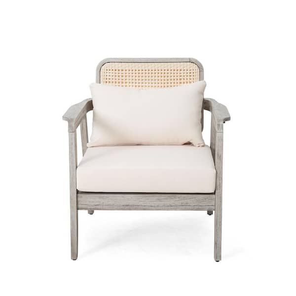 Zeus & Ruta Light Gray Acacia Wood Outdoor Lounge Chair with Cream Cushions, Deep Seating for Porch, Garden, Backyard, Balcony
