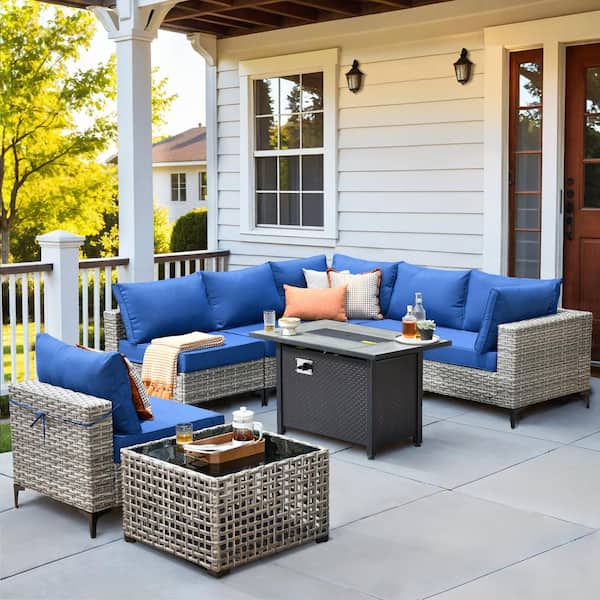 Holston 8-Piece Wicker Modern Outdoor Patio Conversation Sofa Sectional Set with a Metal Fire Pit and Navy Blue Cushions