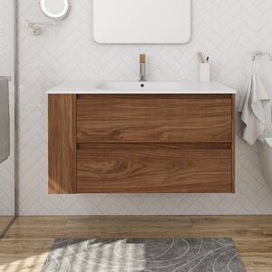 36 in. W x 18 in. D x 19 in. H Floating Bathroom Vanity in Brown Oak with White Top and Acrylic Sink